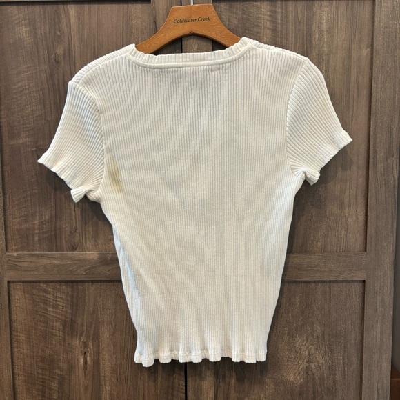 Anthropologie XL White Ribbed Lace-Up Top short sleeve fitted - Picture 6 of 9